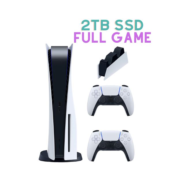 خرید باندل کنسول PS5 به همراه دسته و پایه شارژر و هارد 2 ترابایت پر از بازی