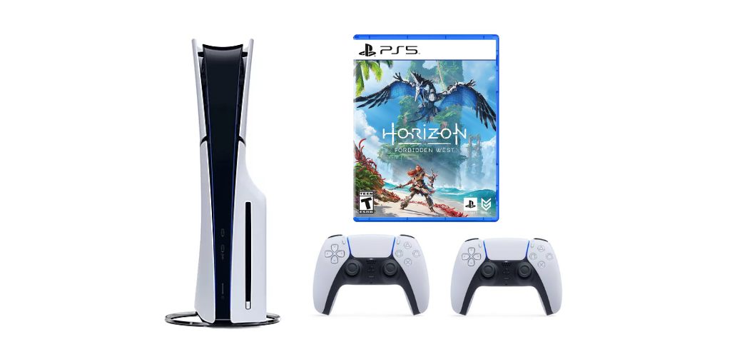 باندل کنسول PS5 اسلیم استاندارد به همراه دسته و بازی Horizon Forbidden West با کمترین قیمت