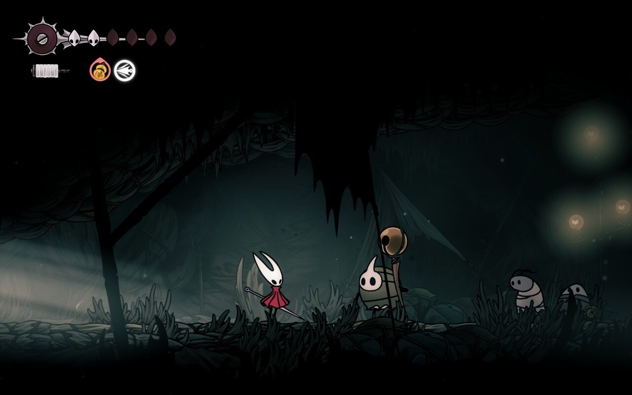 A screenshot from Silksong showing the protagonist Hornet in a confrontation with three bugs