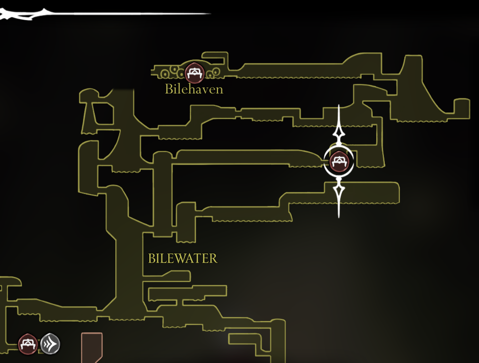 An image of a map in Hollow Knight: Silksong showing where the Bilewater bench is.