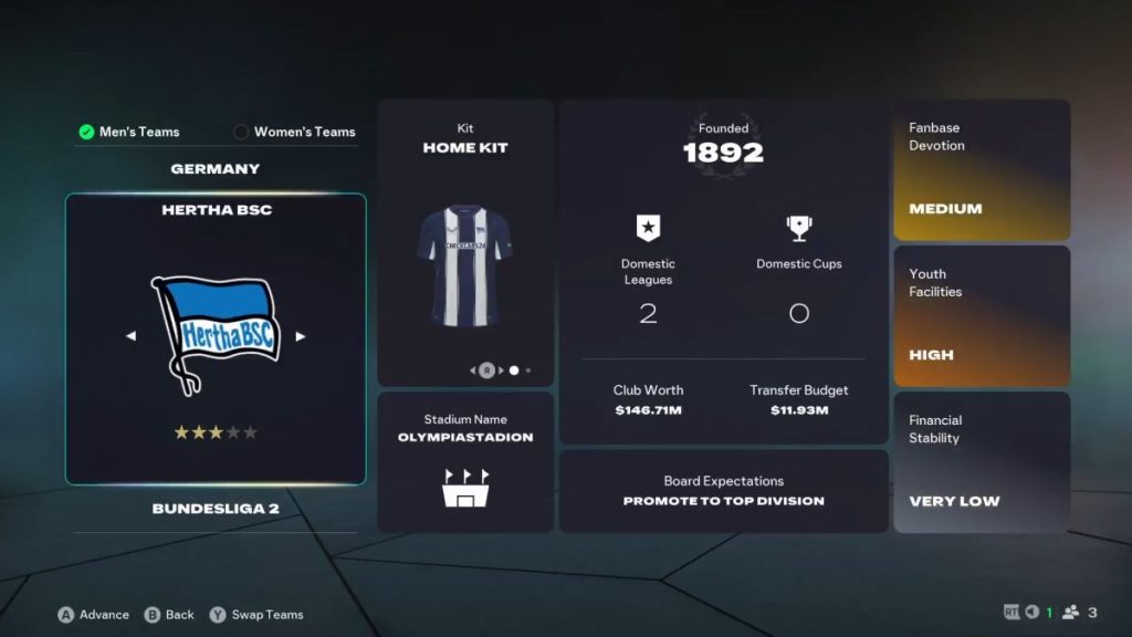 An overview of Hertha Berlin in FC 26 Career Mode