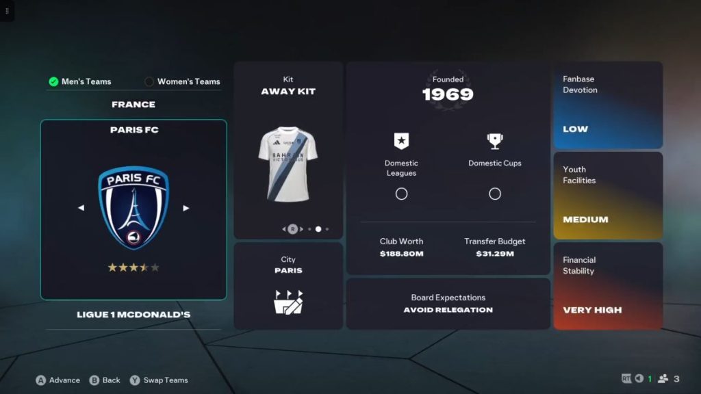 An overview of Paris FC in FC 26 Career Mode