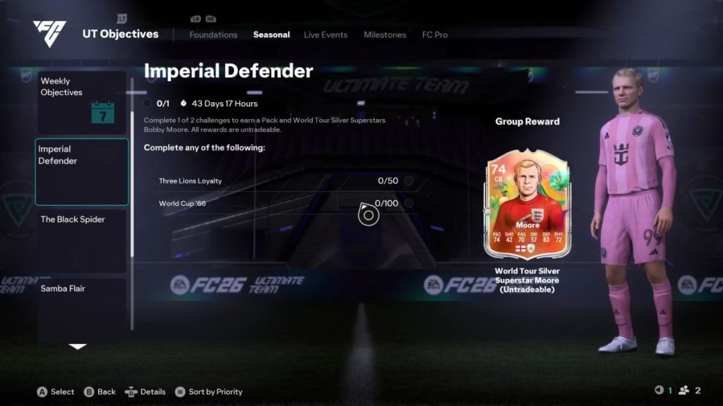 An objective screen in EA FC 26 showing Bobby Moore.