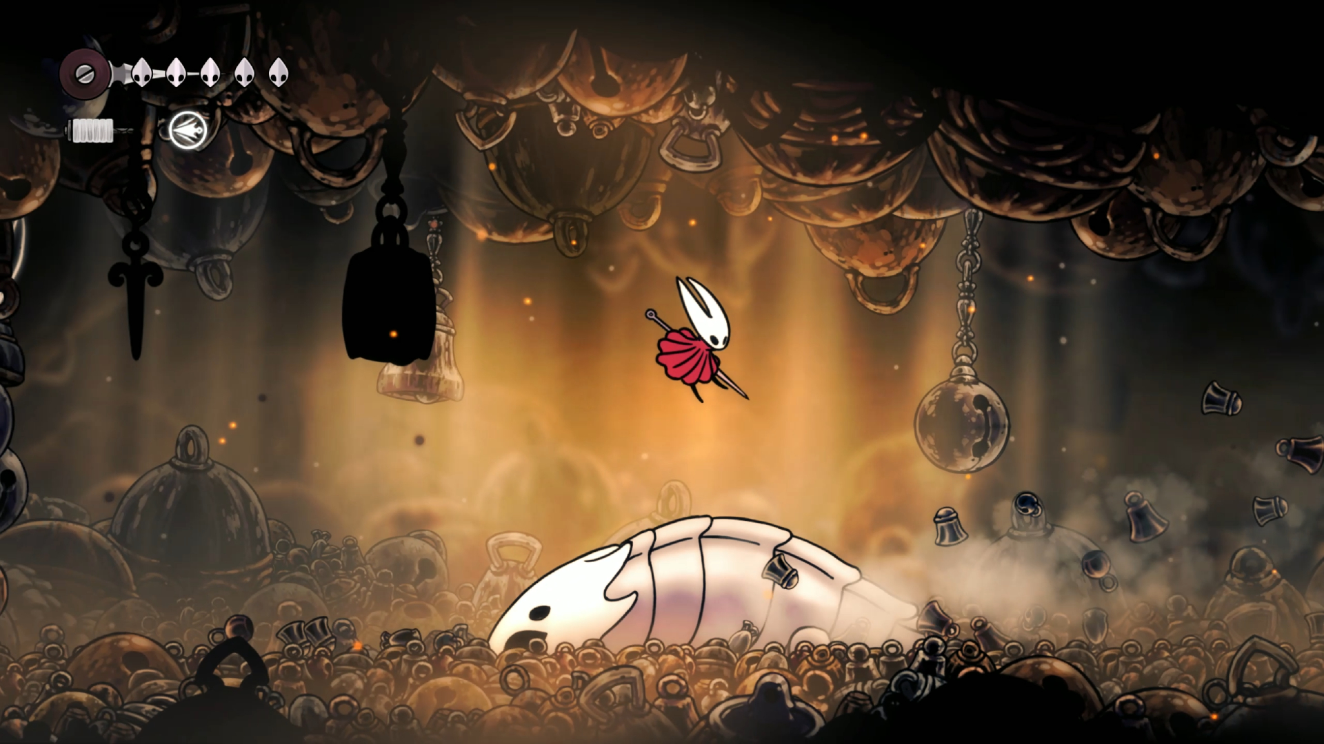 Silksong Bell Beast: Hornet jumping over the Bell Beast as it charges across the ground.