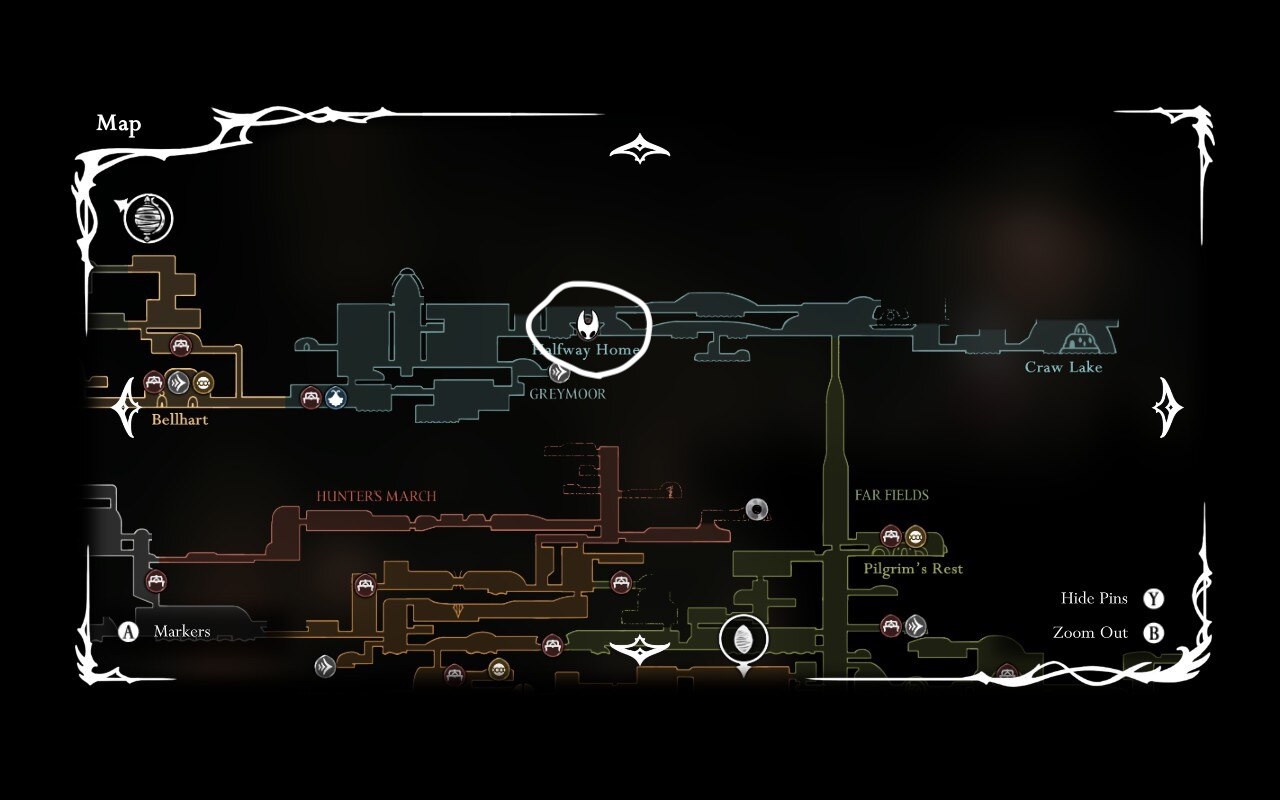 A screenshot of the in-game map from Hollow Knight Silksong, marking where the player can farm rosaries in act 1