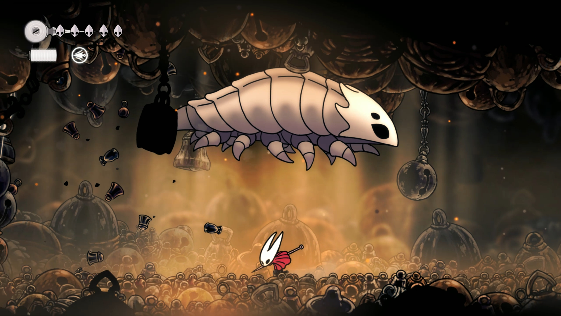 Silksong Bell Beast: Hornet dodging under the Bell Beast as it leaps through the air directly overheat.