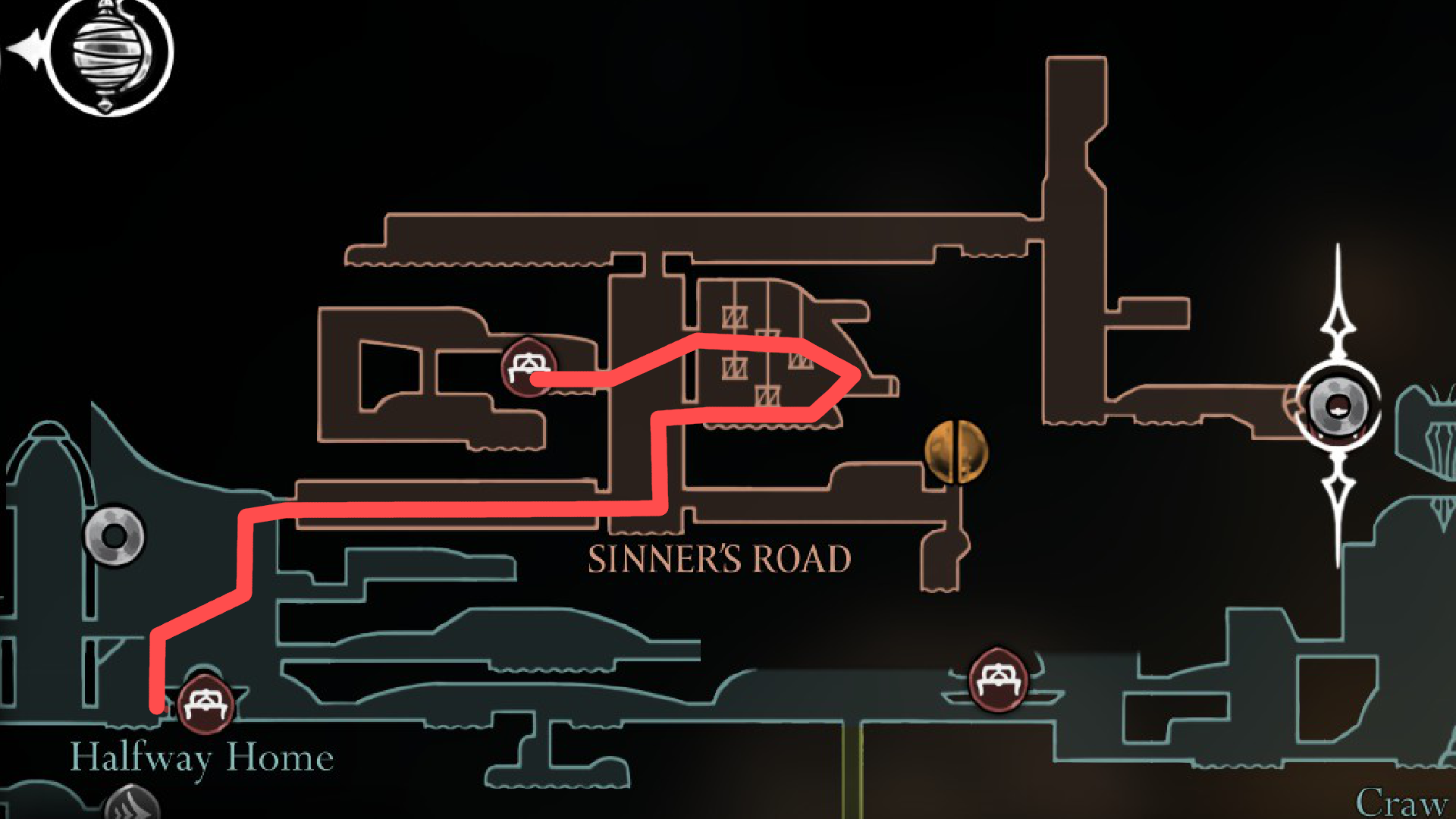 آنلاک کردن نیمکت وسط Sinner's Road در Hollow Knight: Silksong 1 A quick map showing the general path to the bench in Sinner's Road.