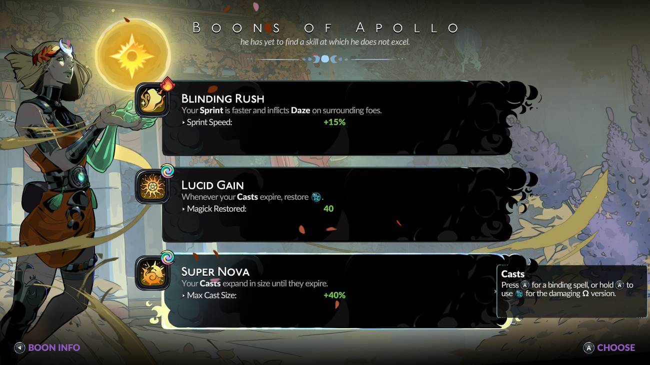 Melinoe chooses a boon of Apollo in Hades 2