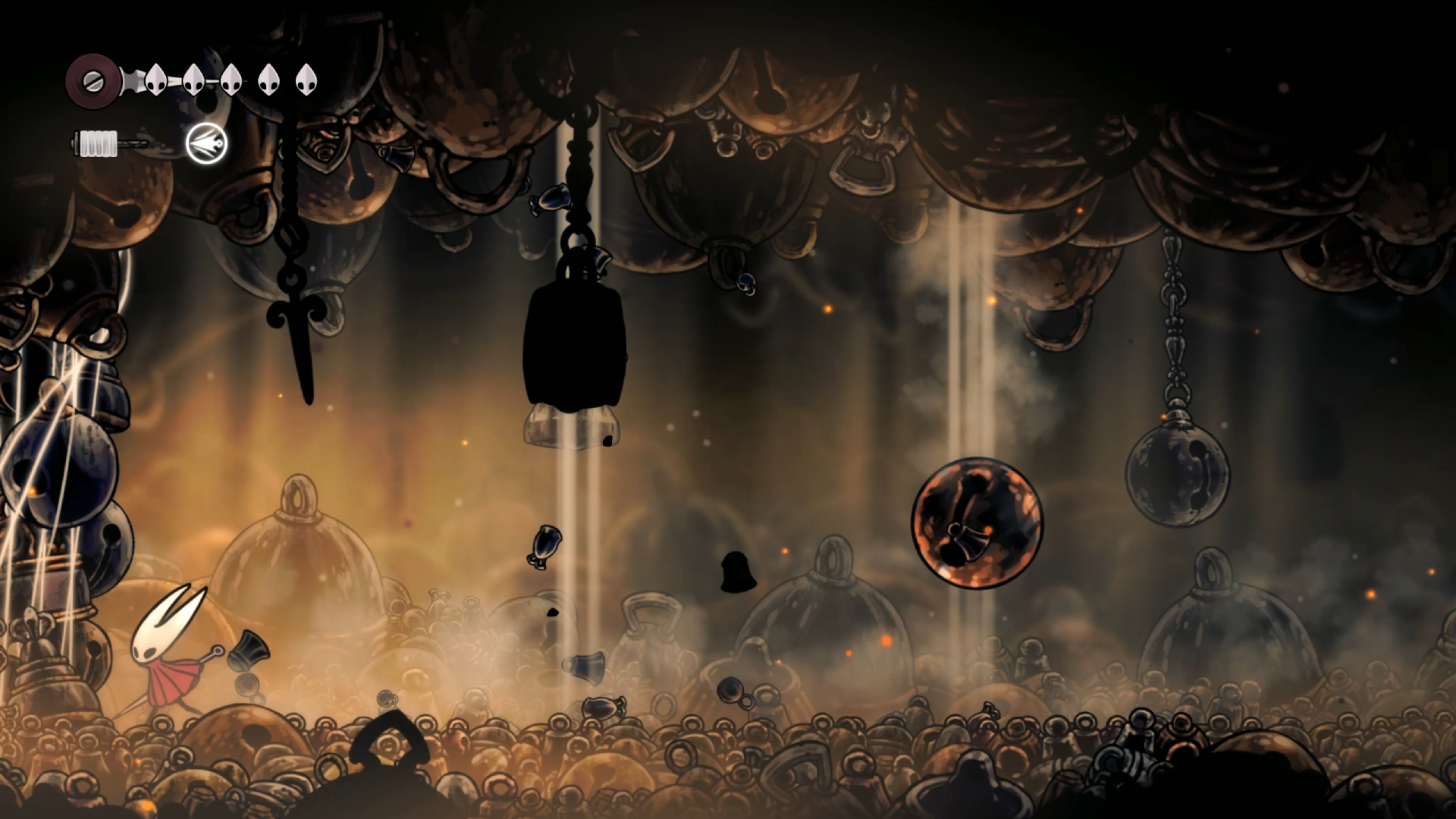 Silksong Bell Beast: Hornet running into the corner of the arena as a bell bounces across the ground and the floor rumbles, a sign of more bells to come.