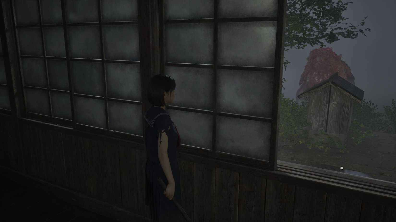 Hinako on one side of a window with a large monster on the other in Silent Hill f