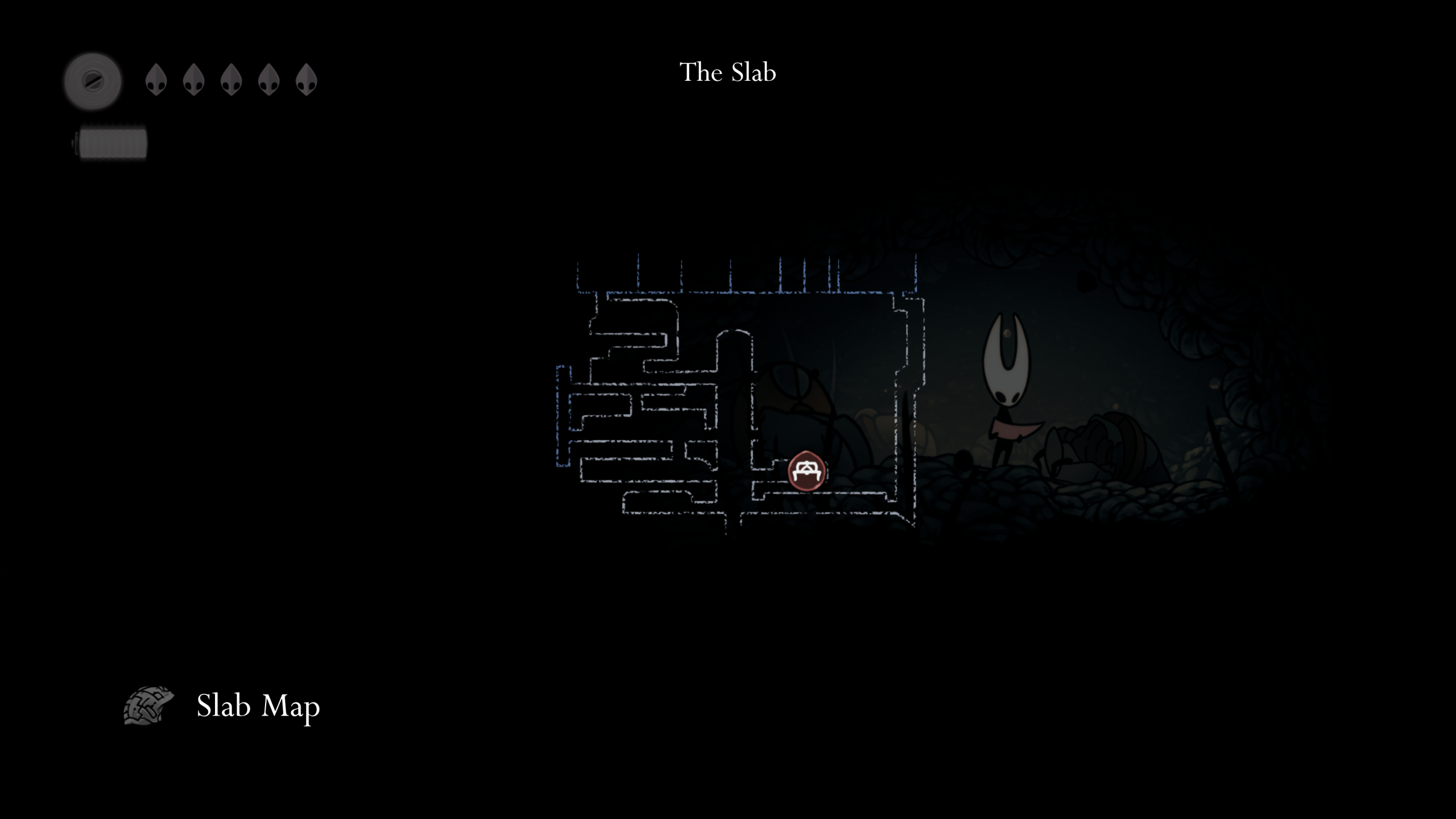 چگونه از منطقه The Slab در Silksong فرار کنیم 3 A screenshot of Hollow Knight: Silksong. A semi-transparent map of The Slab sits over the main character Hornet as she peers down at a map unfolded in her hands.