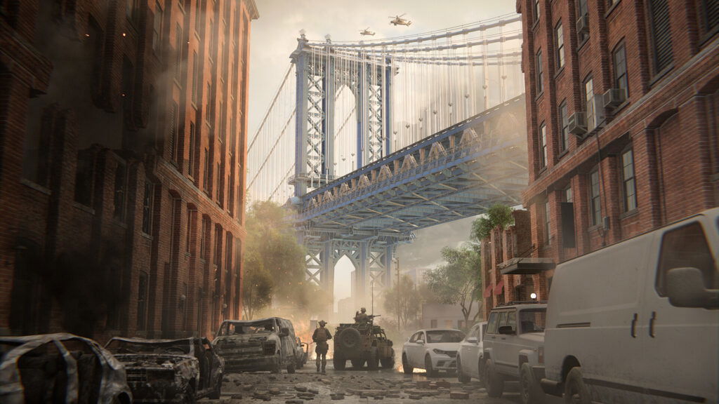 Battlefield 6 | تاریخ انتشار، پلتفرمها، گیمپلی، مولتیپلیر و کمپین 4 Battlefield 6 screenshot featuring troops and vehicles standing in front of the Brooklyn Bridge.